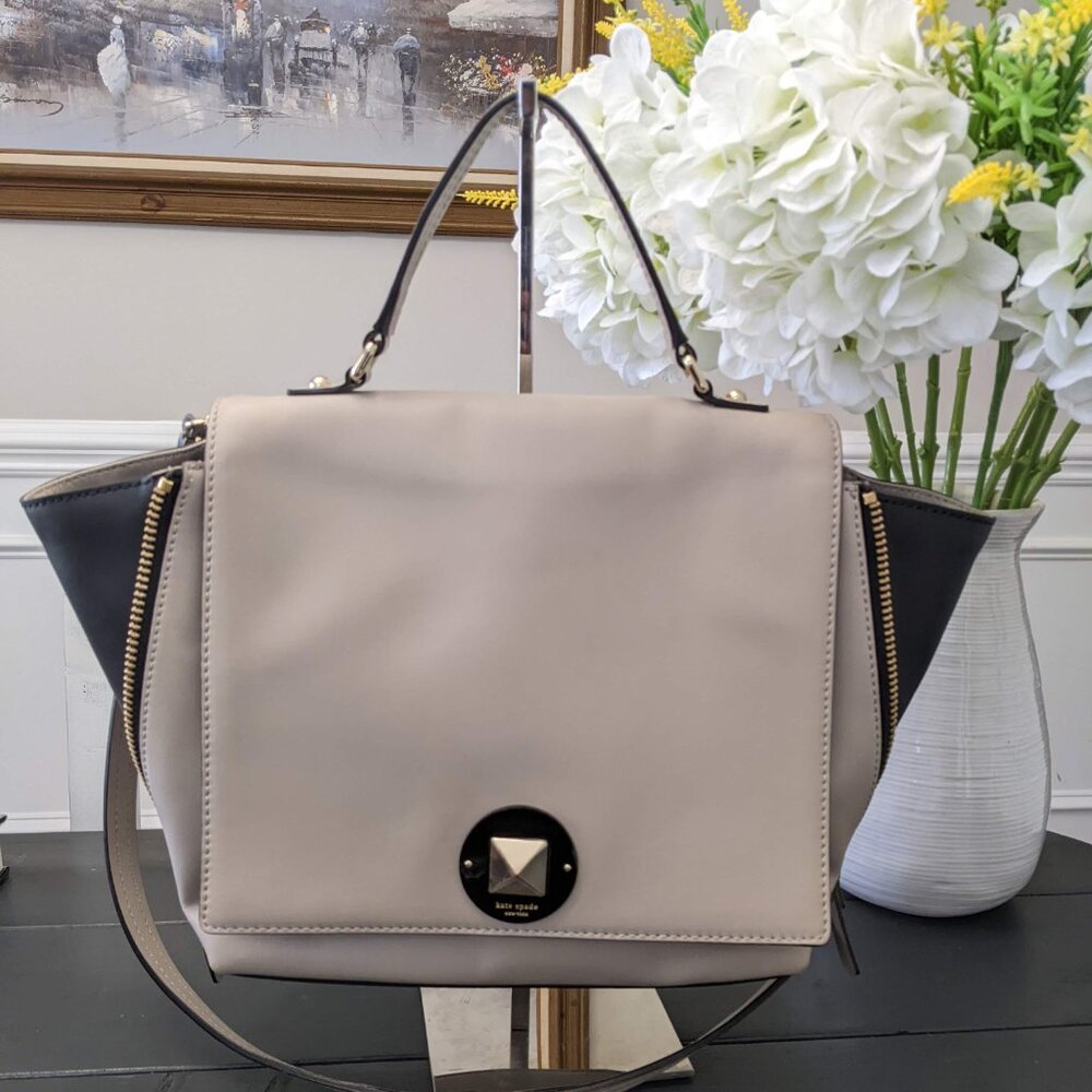 Kate Spade Leather Varick St Abbie Satchel Shoulder Bag Taupe/Black Convertible